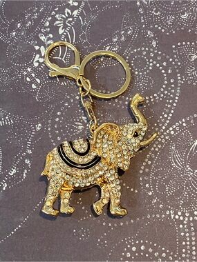 Gold Crystal Elephant Bag Charm or Keychain with Black Enamel Accents